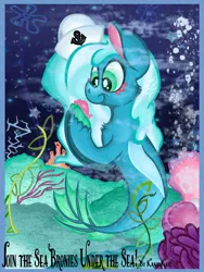 Size: 960x1280 | Tagged: safe, artist:krazykari, derpibooru import, oc, oc:sea sailor, unofficial characters only, merpony, pegasus, pony, seapony (g4), blue, bubble, cloven hooves, coral, female, fin wings, fins, fish tail, flowing tail, green eyes, hat, image, mare, ocean, pegasus oc, png, race swap, reference, sailor, sailor hat, seashell, seaweed, smiling, solo, tail, the little mermaid, under the sea, underwater, unshorn fetlocks, water, wings