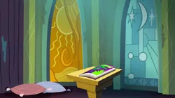 Size: 1280x720 | Tagged: safe, derpibooru import, screencap, mane-iac, power ponies (episode), season 4, background, castle of the royal pony sisters, comic book, image, liminal space, no pony, pedestral, pillow, png, power ponies, scenic ponyville, stained glass