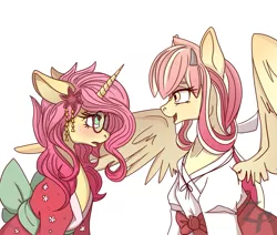 Size: 1207x1024 | Tagged: safe, artist:zombies-pudding, artist:zombiespudding, derpibooru import, oc, oc:ammy lee, oc:sakura, unofficial characters only, pegasus, pony, unicorn, blushing, clothes, glasses, hair accessory, horns, image, kimono (clothing), open mouth, png, shirt, simple background, sweat, sweatdrop, white background