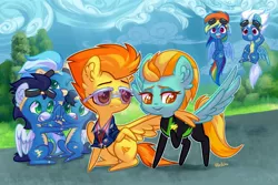 Size: 1800x1200 | Tagged: safe, artist:ariamidnighters, derpibooru import, fleetfoot, high winds, lightning dust, misty fly, rainbow dash, soarin', spitfire, clothes, image, jpeg, the washouts, uniform, washouts uniform, wonderbolts, wonderbolts dress uniform, wonderbolts uniform