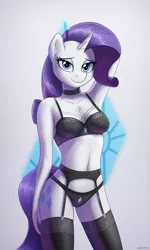 Size: 1800x3000 | Tagged: suggestive, artist:irisarco, derpibooru import, rarity, anthro, unicorn, arm behind head, bedroom eyes, belly button, bra, breasts, chest fluff, choker, clothes, cutie mark, ear fluff, eyeshadow, female, garter belt, garters, gem, horn, image, lace, lidded eyes, lingerie, looking at you, makeup, nail polish, panties, png, pubic fluff, raised arm, simple background, smiling, smiling at you, socks, solo, standing, stockings, thigh highs, underwear, watermark