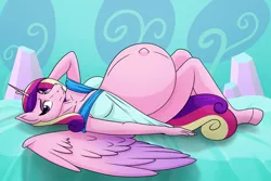 Size: 1280x853 | Tagged: safe, artist:s7v8, derpibooru import, princess cadance, alicorn, anthro, unguligrade anthro, bed, belly, belly button, big belly, colored wings, female, image, jpeg, looking at you, lying down, multicolored wings, on back, outie belly button, pregdance, pregnant, wings