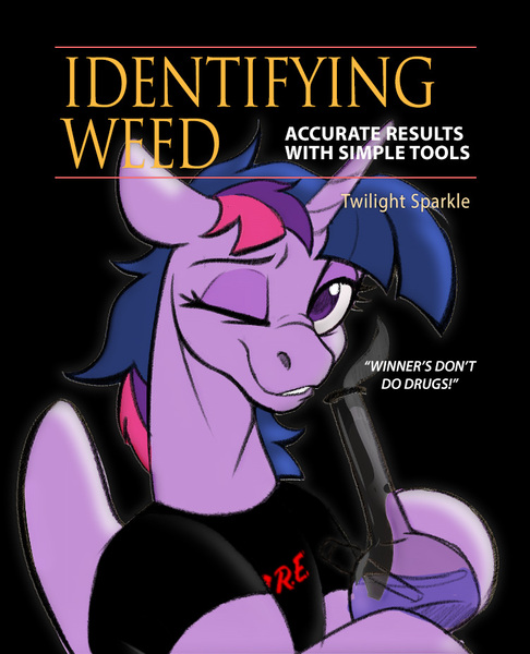 Size: 752x928 | Tagged: safe, artist:acesential, edit, editor:unofficial edits thread, twilight sparkle, twilight sparkle (alicorn), alicorn, semi-anthro, black background, d.a.r.e., eyeshadow, female, floppy ears, identifying wood, image, jpeg, looking at you, makeup, one eye closed, simple background, solo