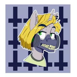 Size: 5000x5000 | Tagged: safe, artist:xasslash, derpibooru import, oc, oc:kaustic, pony, unicorn, ear piercing, gas mask, image, mask, piercing, png, sharp teeth, simple background, solo, teeth, upside down cross