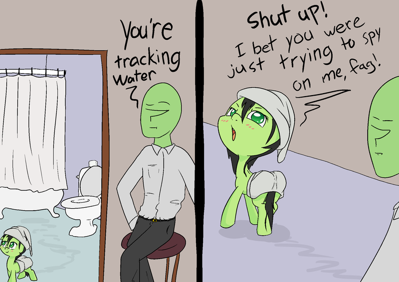 Size: 2000x1414 | Tagged: suggestive, artist:happy harvey, derpibooru import, oc, oc:anon, oc:anonfilly, earth pony, human, pony, bathtub, butt, colored pupils, drawn on phone, faggot, female, filly, image, looking back, png, shower curtain, sitting, toilet, towel, towel around waist, towel on head, vulgar
