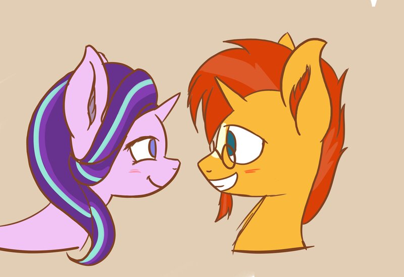 Size: 3727x2556 | Tagged: safe, artist:simplesample_, derpibooru import, starlight glimmer, sunburst, pony, unicorn, blushing, bust, cute, female, glimmerbetes, grin, high res, image, jpeg, looking at each other, male, mare, portrait, shipping, simple background, smiling, smiling at each other, stallion, starburst, straight, sunbetes