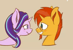 Size: 3727x2556 | Tagged: safe, artist:simplesample_, derpibooru import, starlight glimmer, sunburst, pony, unicorn, blushing, bust, cute, female, glimmerbetes, grin, high res, image, jpeg, looking at each other, male, mare, portrait, shipping, simple background, smiling, smiling at each other, stallion, starburst, straight, sunbetes