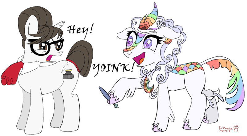 Size: 1280x705 | Tagged: safe, artist:romulus4444, derpibooru import, raven, oc, oc:cloudy canvas, kirin, unicorn, cutie mark, glasses, hair bun, image, magic, multicolored hair, necktie, png, rainbow hair, raven inkwell, ravenbetes, secretary, simple background, transparent background