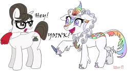 Size: 1280x705 | Tagged: safe, artist:romulus4444, derpibooru import, raven, oc, oc:cloudy canvas, kirin, unicorn, cutie mark, glasses, hair bun, image, magic, multicolored hair, necktie, png, rainbow hair, raven inkwell, ravenbetes, secretary, simple background, transparent background