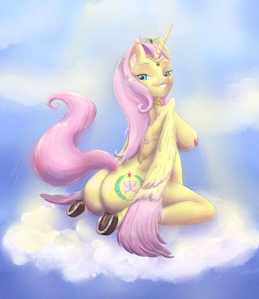 Size: 1648x1900 | Tagged: questionable, alternate version, artist:artkarasik, derpibooru import, fluttershy, oc, oc:princess fluttershy, alicorn, anthro, pony, alicorn oc, alternate cutie mark, alternate hairstyle, alternate universe, areola, cloud, commission, element of kindness, female, heart areola, horn, horseshoes, image, jewelry, jpeg, looking at you, princess fluttershy, smiling, smiling at you, solo, solo female, story included, tiara, two toned wings, watermark, wings, ych result