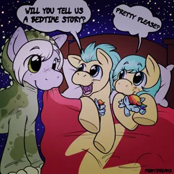 Size: 2048x2048 | Tagged: safe, artist:poofydreams, derpibooru import, barley barrel, pickle barrel, rainbow dash, oc, oc:fossil fluster, earth pony, pegasus, pony, babysitting, barrel twins, bed, bedtime, brother and sister, clothes, costume, female, image, kigurumi, male, onesie, plushie, png, siblings, twins