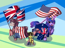 Size: 2988x2236 | Tagged: safe, artist:shadowblazearts, author:bigonionbean, derpibooru import, oc, oc:king speedy hooves, oc:queen galaxia, oc:tommy the human, alicorn, pony, adorable face, alicorn oc, alicorn princess, australia, blanket, child, colt, commissioner:bigonionbean, crown, cute, daaaaaaaaaaaw, dawwww, family, family photo, father and child, father and son, female, flag, flag waving, fusion, fusion:king speedy hooves, fusion:queen galaxia, great britain, horn, husband and wife, image, jewelry, male, mare, mother and child, mother and son, patriotic, patriotism, png, pride, pride flag, regalia, stallion, star spangled banner, union jack, united kingdom, united states, wings