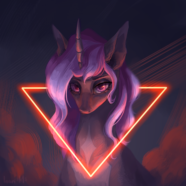 Size: 2400x2400 | Tagged: safe, artist:inari_mayer, derpibooru import, oc, oc:nebula mist, unofficial characters only, pony, unicorn, fallout equestria, bust, cloud, commission, female, horn, image, long hair, mare, multicolored hair, multicolored mane, painting, png, portrait, solo, triangle, unicorn oc