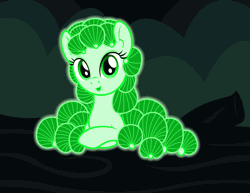 Size: 1500x1159 | Tagged: safe, artist:badumsquish, derpibooru import, oc, unofficial characters only, mushroom pony, original species, animated, bioluminescent, blinking, crossed hooves, female, flashlight (object), forest, fungus, gif, glow, happy, log, looking at you, monster mare, mushroom, night, panellus stipticus, smiling, solo