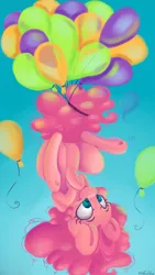 Size: 1080x1920 | Tagged: safe, artist:cutepencilcase, derpibooru import, pinkie pie, earth pony, pony, balloon, cute, diapinkes, floating, gradient background, smiling, solo, then watch her balloons lift her up to the sky, underhoof, upside down