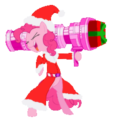 Size: 1392x1488 | Tagged: safe, artist:metal-jacket444, derpibooru import, pinkie pie, earth pony, pony, belt, bipedal, cannon, christmas, clothes, costume, eyes closed, female, hat, holiday, hoof hold, present, rocket launcher, santa costume, santa hat, simple background, solo, standing, teeth, tongue out, transparent background, wip