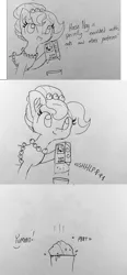 Size: 1336x2890 | Tagged: safe, artist:tjpones, derpibooru import, oc, oc:brownie bun, unofficial characters only, earth pony, pony, horse wife, bells, black and white, comic, dialogue, ear fluff, eggnog, female, food, grayscale, hoof hold, horse nog, lineart, mare, monochrome, onomatopoeia, traditional art