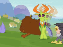 Size: 882x660 | Tagged: safe, derpibooru import, screencap, grampa gruff, prince rutherford, seaspray, thorax, changedling, changeling, gryphon, hippogriff, yak, school daze, animated, behaving like a goat, changeling king, cloven hooves, cross-eyed, derp, dropping thorax, eye scar, fainting goat, falling, falling over, fez, frown, gif, hat, king thorax, knocked out, majestic as fuck, male, on back, open mouth, scar, side, spread wings, stiff, wat, wavy mouth, wide eyes, wings