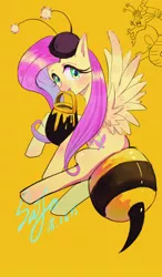 Size: 1831x3130 | Tagged: safe, artist:sadistjolt, derpibooru import, discord, fluttershy, draconequus, pegasus, pony, animal costume, bee costume, clothes, costume, cute, female, flutterbee, mare, shyabetes, solo