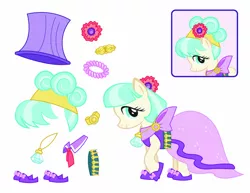 Size: 750x580 | Tagged: safe, derpibooru import, coco pommel, pony, clothes, concept art, cutie mark magic, dress, flower, hotel chic, key, shoes, toy