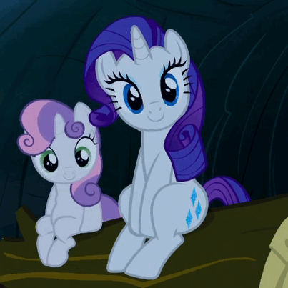 Size: 403x403 | Tagged: safe, derpibooru import, screencap, rarity, sweetie belle, pony, unicorn, sleepless in ponyville, cropped, cute, diasweetes, duo, female, filly, log, looking at you, mare, raribetes, siblings, sisters, sitting