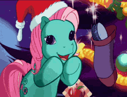Size: 416x320 | Tagged: safe, derpibooru import, screencap, minty, earth pony, pony, a very minty christmas, animated, bipedal, blinking, brush, christmas, christmas stocking, cute, g3, g3betes, gif, hairbrush, happy, hat, holiday, mintabetes, open mouth, santa hat, solo, weapons-grade cute
