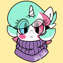 Size: 500x500 | Tagged: safe, artist:thanhvy15599, derpibooru import, oc, oc:cotton sweets, pony, unicorn, animated, blinking, clothes, commission, commission result, female, gif, gif art, mare, simple background, sweater, yellow background