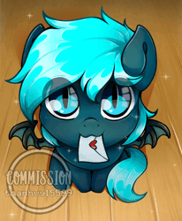 Size: 650x790 | Tagged: safe, artist:thanhvy15599, derpibooru import, oc, oc:guttatus, unofficial characters only, bat pony, pony, :3, animated, bat eyes, bat pony oc, bat wings, blinking, blue eyes, commission, cute, gif, letter, looking at you, looking up, male, simple background, sitting, solo, spread wings, stallion, wings, ych animation, ych result