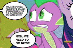 Size: 689x452 | Tagged: suggestive, derpibooru import, edit, edited screencap, screencap, spike, twilight sparkle, twilight sparkle (alicorn), alicorn, dragon, pony, castle sweet castle, cropped, discovery family logo, dragons riding ponies, excessive exclamation marks, female, implied cutie mark crusaders, mare, offscreen character, riding, solo focus, speech bubble