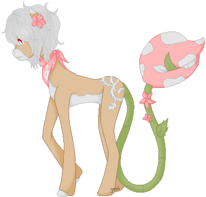 Size: 420x401 | Tagged: safe, artist:mondobutt, derpibooru import, oc, oc:bloom, oc:blossom, monster pony, original species, piranha plant pony, plant pony, augmented tail, flower, flower in hair, licking, licking lips, neckerchief, pixel art, plant, raised hoof, simple background, tongue out, transparent background