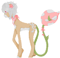 Size: 420x401 | Tagged: safe, artist:mondobutt, derpibooru import, oc, oc:bloom, oc:blossom, monster pony, original species, piranha plant pony, plant pony, augmented tail, flower, flower in hair, licking, licking lips, neckerchief, pixel art, plant, raised hoof, simple background, tongue out, transparent background