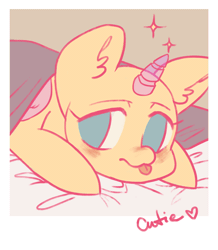 Size: 900x1034 | Tagged: safe, artist:klooda, derpibooru import, pony, :p, advertisement, animated, bed, blinking, bust, commission, cute, cutie, female, laying on bed, lying down, mare, on bed, pastel, polaroid, portrait, prone, solo, sparkles, tongue out, ych example, your character here