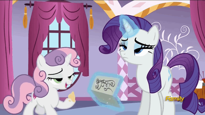 Size: 1280x720 | Tagged: 28 pranks later, cake, cutie mark, derpibooru import, discovery family logo, faic, food, rarity, safe, screencap, sweetie belle, the cmc's cutie marks