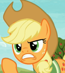 Size: 425x475 | Tagged: safe, derpibooru import, screencap, applejack, earth pony, pony, buckball season, angry, applejack's hat, cowboy hat, cropped, female, hat, mare, raised hoof, reaction image, solo, stetson