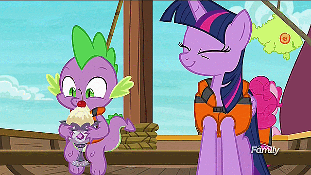 Size: 640x360 | Tagged: safe, derpibooru import, screencap, spike, twilight sparkle, twilight sparkle (alicorn), alicorn, dragon, pony, ppov, animated, food, gif, ice cream, spikelove