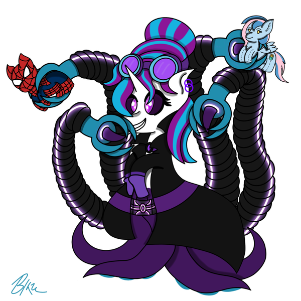 Size: 2048x2048 | Tagged: safe, artist:blazep0ny, derpibooru import, oc, oc:chrysocolla dawn, oc:flare, monster pony, octopony, original species, spiderpony, unicorn, cute, doctor flaretapus, doctor octopus, evil grin, grin, marvel, plushie, robotic arm, smiling, tentacles