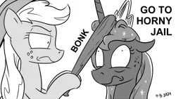 Size: 1200x675 | Tagged: safe, artist:pony-berserker, derpibooru import, applejack, princess luna, pony, baseball bat, bonk, horny jail, image, png, pony-berserker's twitter sketches, stippling