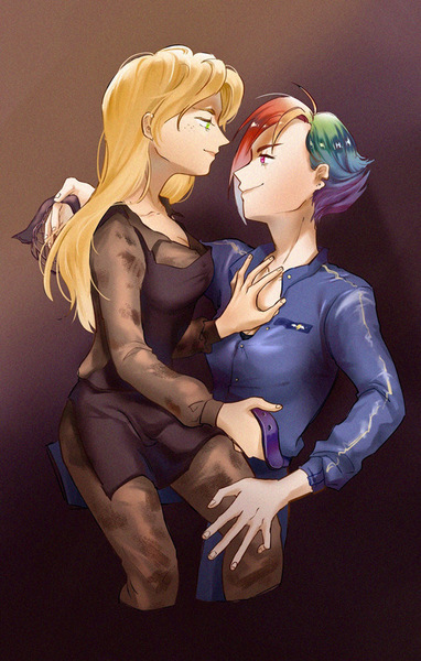 Size: 500x786 | Tagged: artist needed, source needed, safe, derpibooru import, applejack, rainbow dash, human, alternate hairstyle, alternate timeline, apocalypse dash, applecalypsejack, appledash, crystal war timeline, female, humanized, image, jpeg, lesbian, shipping