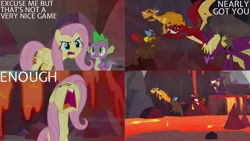 Size: 1280x720 | Tagged: safe, derpibooru import, edit, edited screencap, editor:quoterific, screencap, fluttershy, garble, spike, dragon, pegasus, pony, season 9, sweet and smoky, spoiler:s09, eyes closed, female, image, lava, male, mare, open mouth, png, winged spike