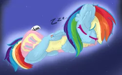 Size: 3378x2096 | Tagged: safe, artist:vinca, derpibooru import, rainbow dash, pegasus, pony, female, hugging a pillow, image, implied flutterdash, implied lesbian, implied shipping, mare, pillow, png, sleeping, solo, wings