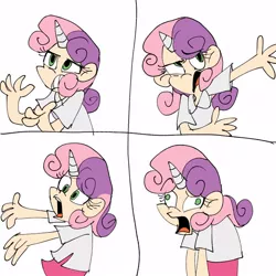 Size: 1000x1000 | Tagged: safe, artist:mirabuncupcakes15, derpibooru import, sweetie belle, human, the fault in our cutie marks, 4 panel comic, clothes, comic, derp, female, gritted teeth, horn, horned humanization, humanized, image, jpeg, open mouth, scene interpretation, shirt, simple background, skirt, t-shirt, white background