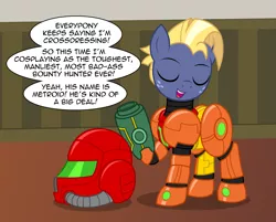 Size: 2459x1975 | Tagged: safe, artist:badumsquish, derpibooru import, star tracker, earth pony, pony, arm cannon, clothes, cosplay, costume, crossdressing, crossover, crossplay, cute, derpibooru exclusive, dialogue, eyes closed, freckles, helmet, image, male, metroid, oops, png, power suit, raised hoof, samus aran, show accurate, smiling, smug, solo, starcrossed, talking to viewer, trackerbetes