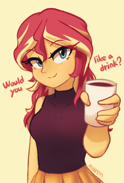 Size: 539x795 | Tagged: safe, artist:maren, derpibooru import, sunset shimmer, equestria girls, bronybait, image, looking at you, png, simple background, solo, talking to viewer, yellow background