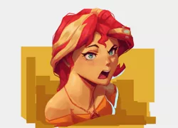 Size: 2143x1545 | Tagged: safe, artist:vanillaghosties, derpibooru import, sunset shimmer, equestria girls, abstract background, bust, image, jpeg, open mouth, portrait, raised eyebrow, solo