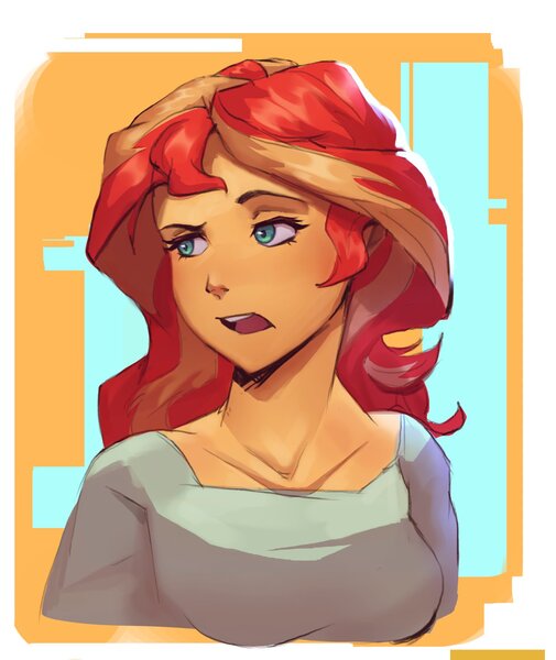 Size: 1546x1837 | Tagged: safe, artist:vanillaghosties, derpibooru import, sunset shimmer, equestria girls, abstract background, bust, image, jpeg, open mouth, portrait, raised eyebrow, solo