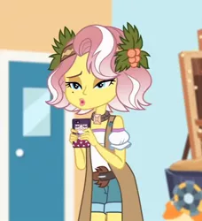 Size: 656x718 | Tagged: safe, derpibooru import, screencap, vignette valencia, equestria girls, equestria girls series, rollercoaster of friendship, female, flower, flower in hair, image, jpeg, mobile phone, phone, smartphone, solo