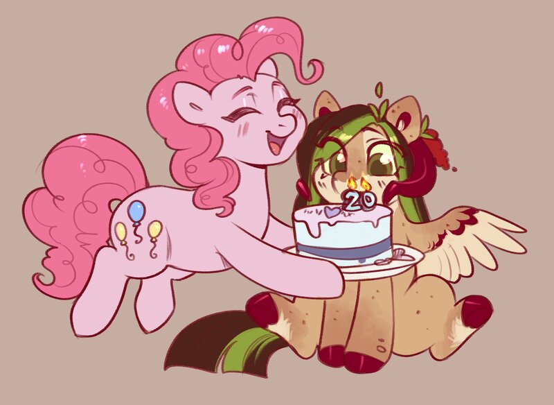 Size: 1882x1373 | Tagged: safe, artist:helemaranth, derpibooru import, pinkie pie, oc, oc:helemaranth, earth pony, pegasus, pony, birthday cake, cake, food, image, jpeg