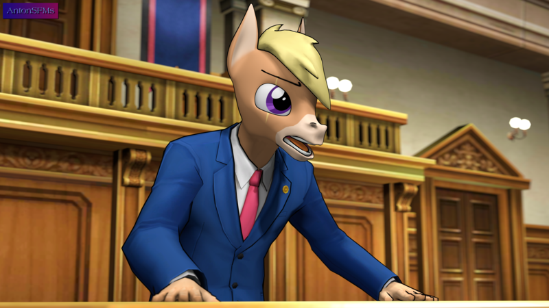 Size: 3840x2160 | Tagged: safe, alternate version, artist:antonsfms, derpibooru import, oc, oc:nickyequeen, unofficial characters only, anthro, donkey, 3d, ace attorney, alternate universe, angry, anthro oc, badge, banner, clothes, commission, commissioner:nickyequeen, court, courtroom, crossover, desk, donkey oc, formal attire, formal wear, hand on hip, high res, image, image set, leaning, looking up, male, phoenix wright, png, solo, source filmmaker, suit