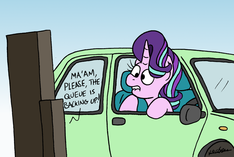 Size: 2000x1343 | Tagged: safe, artist:bobthedalek, derpibooru import, starlight glimmer, pony, unicorn, atg 2021, car, drive thru, image, indecision, lip bite, newbie artist training grounds, offscreen character, png