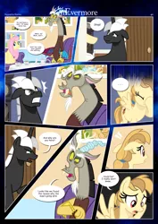 Size: 3259x4607 | Tagged: safe, artist:estories, derpibooru import, discord, fluttershy, oc, oc:alice goldenfeather, oc:möbius, draconequus, earth pony, pegasus, pony, unicorn, comic:nevermore, angry, clothes, comic, cute, dialogue, female, horn, image, male, mare, pegasus oc, png, siblings, speech bubble, stallion, unicorn oc, wings